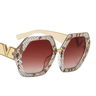 Designer Zonnebril Snake - Hip en eigentijds model - Kleur: Goud / Slangenprint - Unisex - 100% UV400-Bescherming - 6 hoekig model