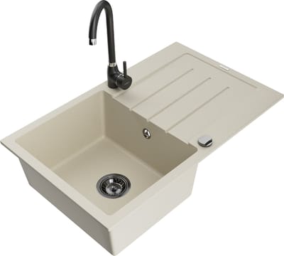Mexen Bruno granieten spoelbak 1-komors met afdruiprek en Telma keukenkraan, beige - 6513-69-670200-70