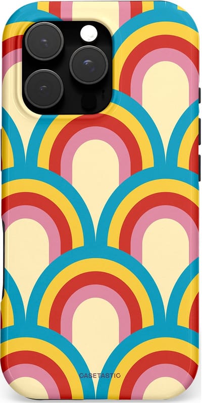 Casetastic hoesje geschikt voor Apple iPhone 16 Pro - MagSafe - Dubbellaagse bescherming - Retro regenboog - Fashion Case - Lichtblauw Crème Goud Rood