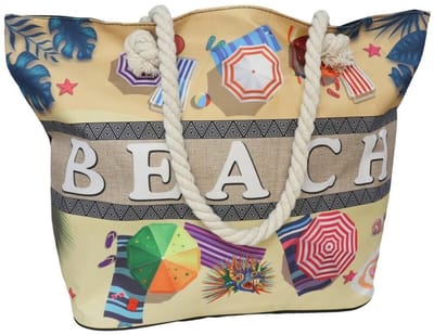 Gerimport strandtas - Beach en parasolletjes - creme - touw handvat - 19 x 51 x 34 cm