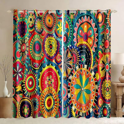 2 stuks Mandala Boho Print Gordijnen Boheemse Bloemen Strepen Tunnelzak Raamgordijnen Voor Slaapkamer Woonkamer Etnisch Vintage W50xH160(CM)x2PCS-Rod pocket