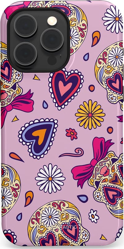 Casetastic hoesje geschikt voor Apple iPhone 15 Pro Max - MagSafe - Dubbellaagse bescherming - Dia de los Muertos Doodshoofd Strik - Fashion Case - Lichtroze Lila Taupe Zilver