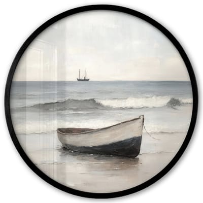 Poster in lijst Rond - Fotolijst 40x40 cm - Posters - Roeiboot - Zee - Horizon - Ronde posterlijst zwart - Decoratie - Wanddecoratie woonkamer - Muurdecoratie slaapkamer