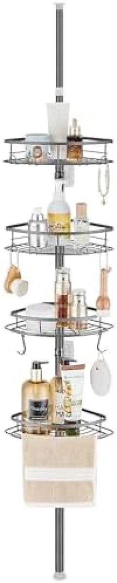 Telescopische Metalen Doucheplank met 4 Verstelbare Laden – Geschikt voor Plafonds van 85–325 cm – Organizer voor Badkamer – Grijs