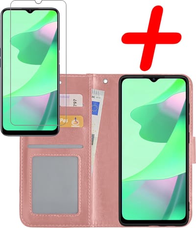 Hoesje Met Screenprotector - Geschikt voor OPPO A16 - Luxe Pasjeshouder - Bookcase Portemonee - Flip Case - Kunstleer Book Case - Flipcase - Book Cover - Walletcase - Portemonneehoes - Rosé goud