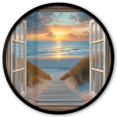 Poster in lijst Rond - Fotolijst 40x40 cm - Posters - Doorkijk - Strand - Pad - Zonsondergang - Ronde posterlijst zwart - Decoratie - Wanddecoratie woonkamer - Muurdecoratie slaapkamer