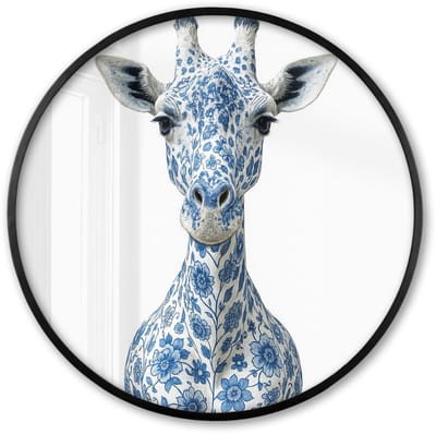 Poster in lijst Rond - Fotolijst 60x60 cm - Posters - Giraffe - Delfts blauw - Dieren - Minimalistisch - Ronde posterlijst zwart - Decoratie - Wanddecoratie woonkamer - Muurdecoratie slaapkamer