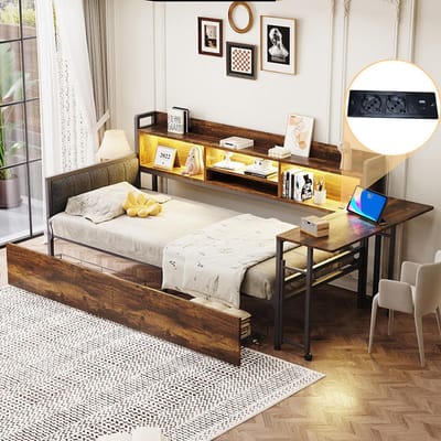 Pugsdrly Slaapbank van ijzer 90 x 200 cm, met ledverlichting en opbergruimte, met lades en multifunctioneel stopcontact, opklapbaar bureau, zachte rugleuning, eenpersoonsbed, houtkleurig