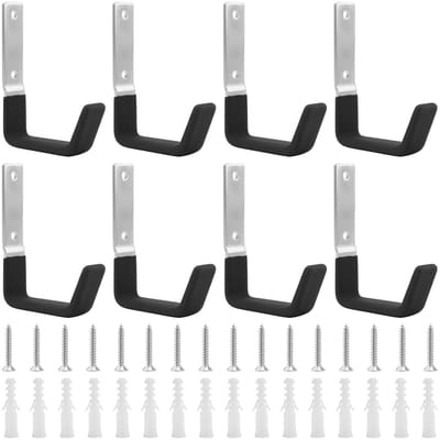 Dailygoods- Garagehaken 25 kg - 8 Stuks - Zwarte Wandhaken - Robuuste J-haken - Gereedschapshanger - Duurzaam IJzer met PVC-coating