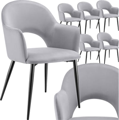 tectake® Set van 6 Eetkamerstoelen Sachel - Fluweellook Gestoffeerde Fauteuils - Keukenstoel - Ergonomische Stoelen voor Woonkamer en Keuken - Eetkamerstoel met Armleuning - 120 kg Draagkracht per Stoel - Lichtgrijs