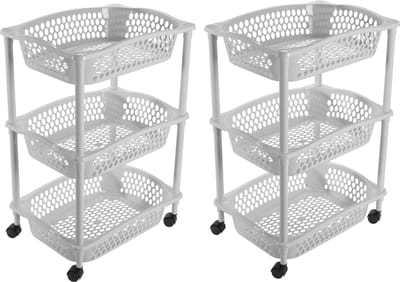 2x stuks keuken/kamer opberg trolleys/roltafels met 3 manden 62 x 41 cm lichtgrijs - Etagewagentje met opbergkratten