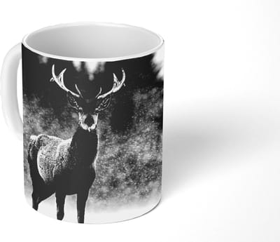 Mok - Koffiemok - Dieren - Hert - Winter - Zwart - Wit - Mokken - 350 ML - Beker - Koffiemokken - Theemok