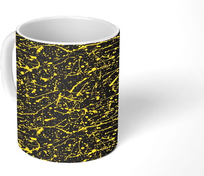Mok - Koffiemok - Spat - Abstract - Waterverf - Stippen - Geel - Zwart - Mokken - 350 ML - Beker - Koffiemokken - Theemok