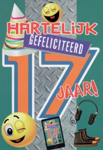 Je bent 17 jaar geworden! Hartelijk gefeliciteerd! Een vrolijke kaart met een smiley, koptelefoon, mobieltje en een feestmuts. Een leuke kaart om zo te geven of om bij een cadeau te voegen. Een dubbele wenskaart inclusief envelop en in folie verpakt.