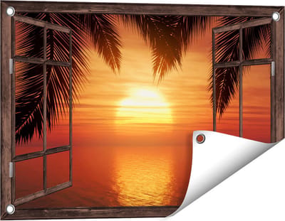 Gards Tuinposter Doorkijk Zonsondergang op het Strand met Palmbomen - 60x40 cm - Tuindoek - Tuindecoratie - Wanddecoratie buiten - Tuinschilderij
