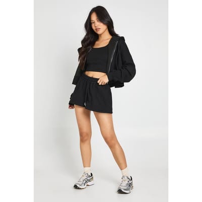 boohoo Dames Petite Diep Zoom 3-delig Crop Ritssluiting Kort Trainingspak | Zwart | Maat: Large