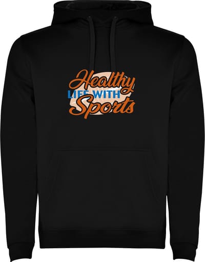 Zwarte unisex hoodie met “ Kleurrijke Rugby – Healthy Life with Sport “ Print Full Color Color merk Roly maat S