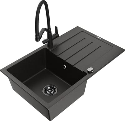 Mexen Bruno granieten gootsteen 1-kompartment met afdruiprek en keukenkraan Duo, zwart/goud metallic - 6513-75-671701-70-B