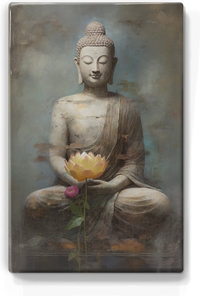 Boeddha met bloemen - Mini Laqueprint - 9,6 x 14,7 cm - Niet van echt te onderscheiden handgelakt schilderijtje op hout - Mooier dan een print op canvas. - LPS525