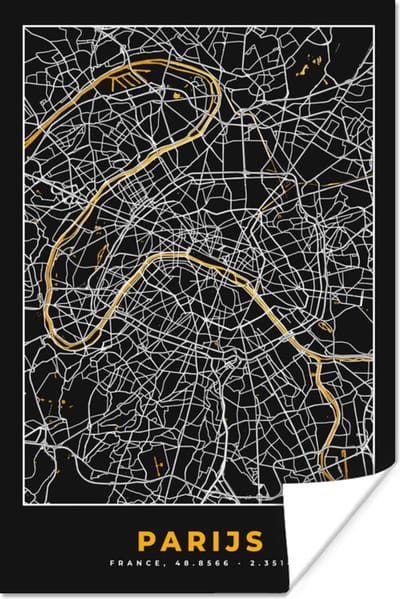 Poster Parijs - Stadskaart - Goud - Plattegrond - Kaart - 120x180 cm XXL