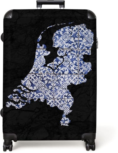 NoBoringSuitcases.com® - Koffer groot - Reiskoffer lichtgewicht - Kaart - Delfts blauw - Nederland - Zwart - Rolkoffer met 4 wielen - Grote trolley XL - 98 liter bagage