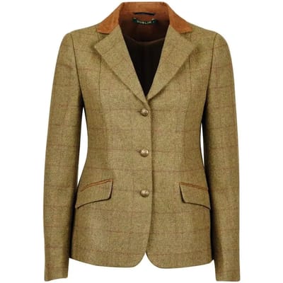 Dames ruitervest met een aansluitende snit en leren kraag Dublin Albany Tweed