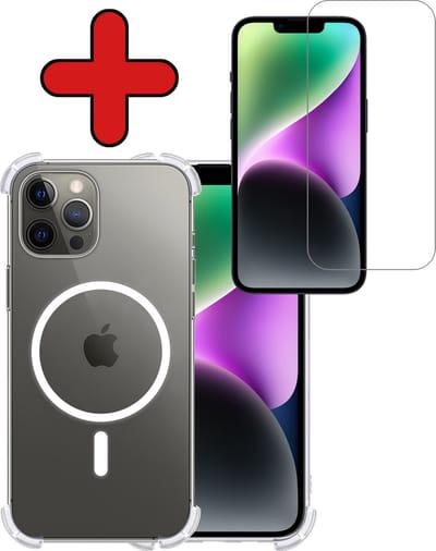 Hoesje - Met Screenprotector - Geschikt voor Apple iPhone 14 Pro - Magsafe Compatible - Sterk & Shockproof - Shock Proof Case - Back Cover - Telefoon Hoes - Telefoonhoes - Transparant