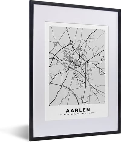 Fotolijst incl. Poster Zwart Wit- Zwart Wit – België – Plattegrond – Stadskaart – Kaart – Aarlen - 30x40 cm - Posterlijst