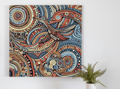 Doodle aboriginal schilderij | Spirited expressions: intricate swirls of ancient indigenous artistry revived | Kunst - 40x40 centimeter op Dibond | Foto op Dibond