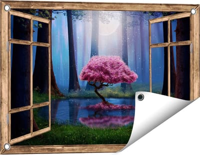 Gards Tuinposter Doorkijk Roze Boom op een Vijver in de Nacht - 60x40 cm - Tuindoek - Tuindecoratie - Wanddecoratie buiten - Tuinschilderij
