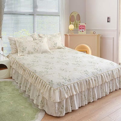 Ruches Rok Bedsprei Huis Textiel Bedsprei met Print Bedrok Slaapkamer Dekens Bedspreien Lakens Stofhoes Beddengoed met 2 Kussenslopen 120x200cm 3pcs
