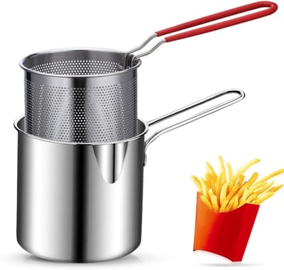 Frituurpan - Multifunctionele frituurpan - Geüpgradede frituurpan met lange handgreep - Multifunctionele stalen frituurpan - Roestvrij staal - Minifriteuse - Handfriteuse - Frituurpan voor thuis (friteuse + mand)
