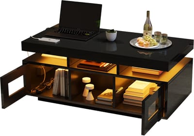 Salontafel zwart hoogglans - Moderne woonkamertafel - RGB LED verlichting - Stopcontact en USB poort - 2 kasten - Voor woonkamer - 100x50x43cm - Zwart
