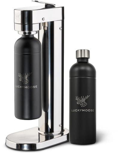 Luckymoose Bruiswatertoestel Infinity-S - Soda Maker met 2x 1,25L RVS Drinkfles Zwart - Bruiswater Toestel Zilver - Werkt met blauwe cilinders
