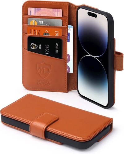 MobyDefend Hoesje - Geschikt voor iPhone 14 Pro - Luxe Leren Wallet Bookcase - Lichtbruin