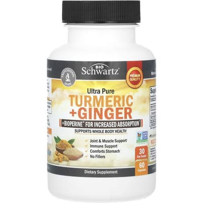 Ultra Zuivere Kurkuma + Gember + Bioperine Verbeterde Opname, 60 Capsules