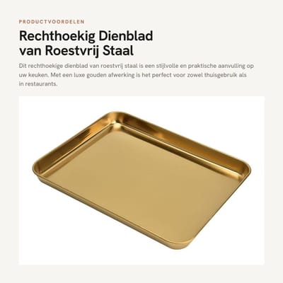 Dailygoods- Dienblad Goud - Rechthoekig - 30x20 cm - Roestvrij Staal - Antislip - Plat Ontwerp - Ideaal voor Thuisgebruik - Serveerblad
