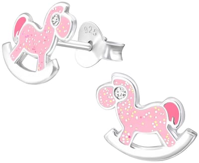 Joy|S - Zilveren hobbelpaard oorbellen - roze met glitter - 10 x 8 mm paard oorknoppen