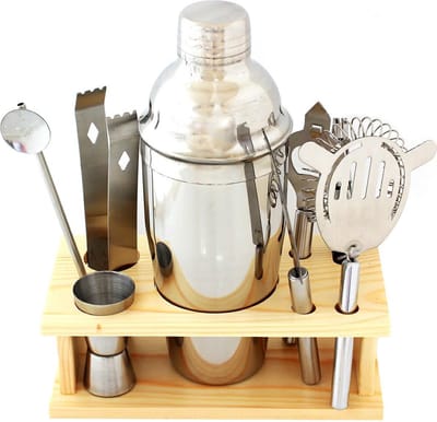 Luxe 9‑delige Cocktail Shaker Set met Bamboe Standaard – RVS Bartenderset – Mixkit voor Thuisbar en Professionele Bartender