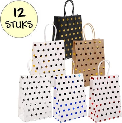 12x Papieren Uitdeeltasjes Stippen - 15x8x21cm - Stevig Papier - Traktatie Zakjes - Papieren Tasjes - Cadeau Zakjes - Uitdeelzakjes - 6 Verschillende Kleuren - Kraftpapier - 12 Stuks