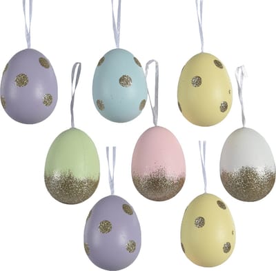 Decoris Paaseieren met stippen - 8x - kunststof - pastel - D3,5 x H5 cm - paasdecoratie