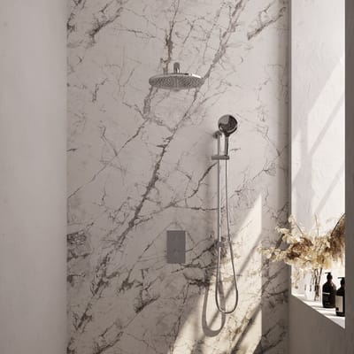 Brauer Chrome Carving thermostatische inbouw regendouche 3-weg omstelling SET 44 met 30 cm douchekop en rechte muurarm en 3-standen handdouche en doucheslang en geïntegreerde glijstang chroom