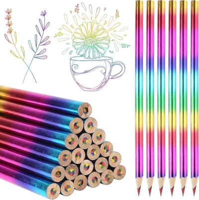 Set van 24 Regenboogpotloden, 4-in-1 Kleurpotloden voor Kinderen, Houten Kleurpotloden voor Tekenen, Schetsen en Kleuren