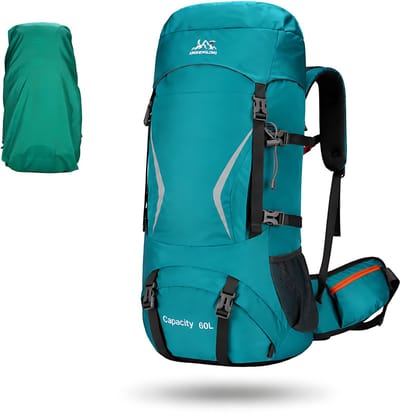 CarryQuest® 60L Hiking Backpack - Waterdichte Trekking Rugzak met Regenhoes, Drinksysteem, MOLLE-Systeem & Heupvakken - Licht Blauw
