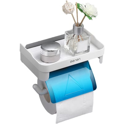 Porte-serviettes en papier avec étagère, porte-serviettes en papier adhésif, porte-rouleau de papier toilette sans perçage, porte-papier toilette de salle de bain bleu