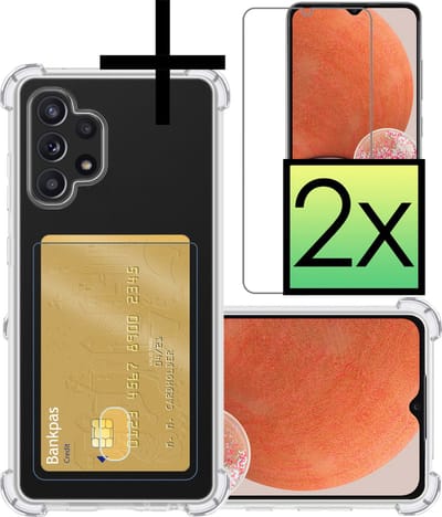 Hoesje - Geschikt voor Samsung Galaxy A32 4G - Met 2x Screenprotector - Pashouder - Kaarthouder - Telefoon Hoes Shockproof - Siliconen Case - Back Cover - Shock Proof - Pasjes Houder - Transparant