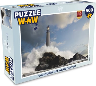 Puzzel Vuurtoren met wilde golven - Legpuzzel - Puzzel 500 stukjes