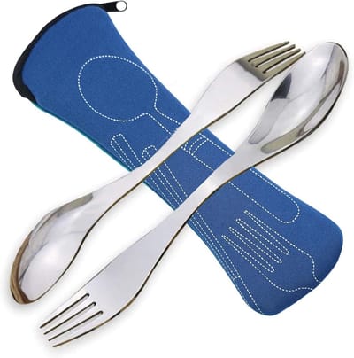 Duurzame RVS Spork Set van 2 Stuks, Herbruikbare Lepel en Vork voor Kamperen, Picknicken en Hiken met Opbergtas