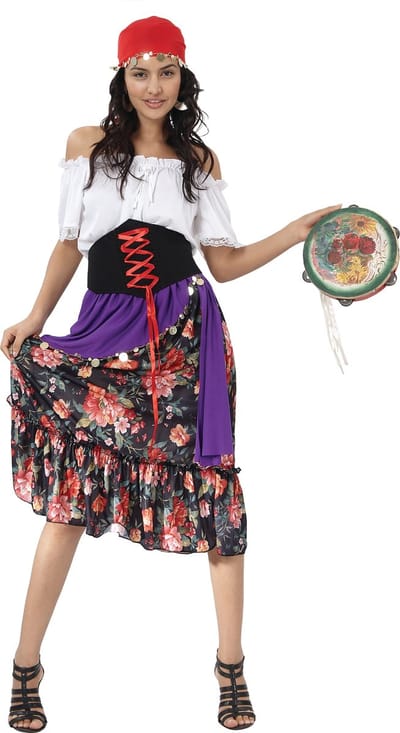 Joya Party® Zigeuner Verkleedjurk Dames | Compleet Boho Verkleed Kostuum met Rok, Sjaal, Riem & Hoofddoek | Verkleedkostuum Gypsy Vrouwen | Carnaval & Themafeest | Maat S/M