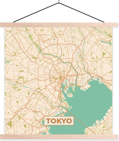 Posterhanger incl. Poster 40x40 cm - Schoolplaat - Kaart - Tokyo - Stadskaart - Vintage - Plattegrond - Textielposter - Blanke latten - Stadskaart